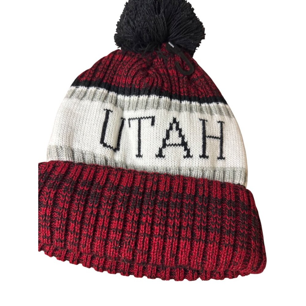 Utah Pom-Pom Knit Beanie Hat By Robin Ruth - Red & Black Ribbed Winter Cap